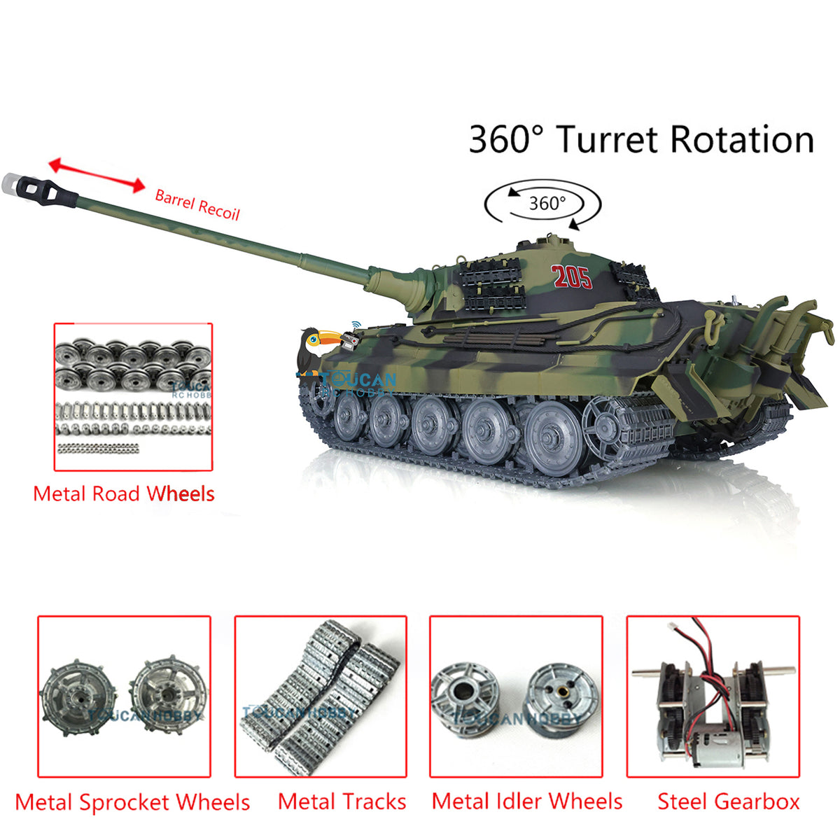1/16 Henglong 3888A RC Tank Full Metal Road Wheels Metal Tracks 360° Turret Rotation Barrel Recoil RTR