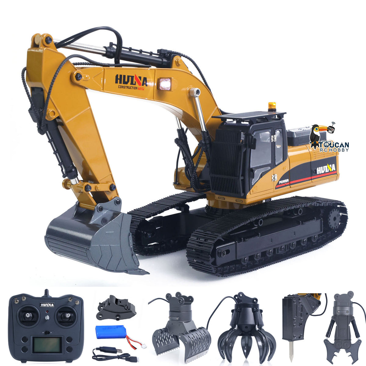 1/14 RC Excavator HUINA 1580 Upgrade Full 360° Rotation Metal Construction Vehicle Yellow Front View
