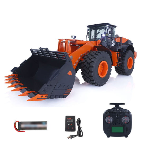 1/14 RC hydraulic loader front view orange metal body assembled