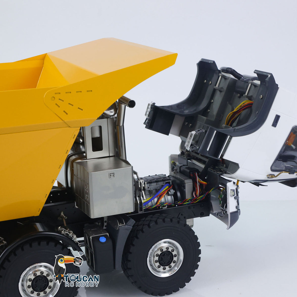 JDM 219 Metal 1/14 Dump Truck U-Bucket Hydraulic 10x10 with 3-Speed Transmission and 15KG Load Capacity featuring FS-i6S Transmitter Lights Sound and Battery