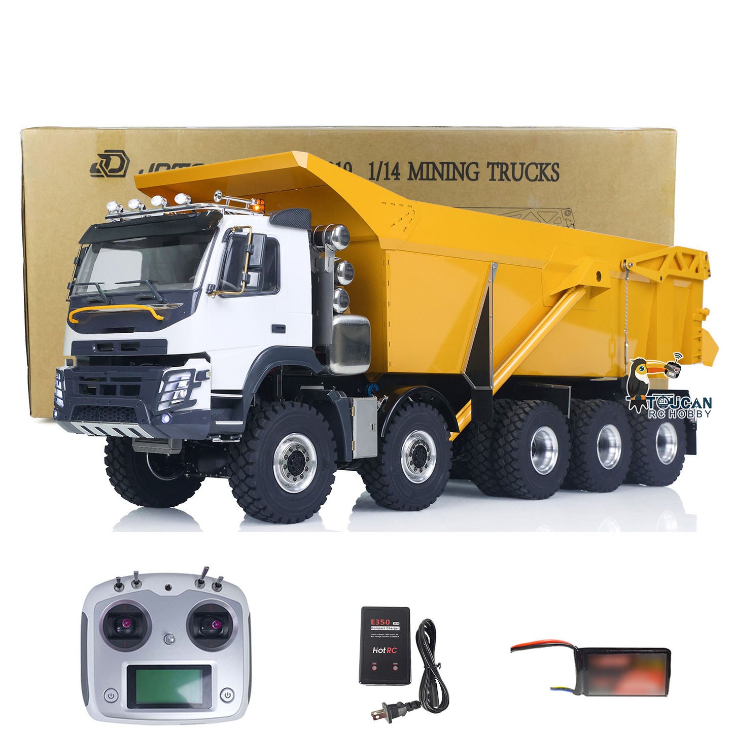 JDM 219 Metal 1/14 Dump Truck 10x10 Hydraulic Mining with U-Shaped High Bucket and 3-Speed Transmission including FS-i6S Radio Lights Sound Battery Charger
