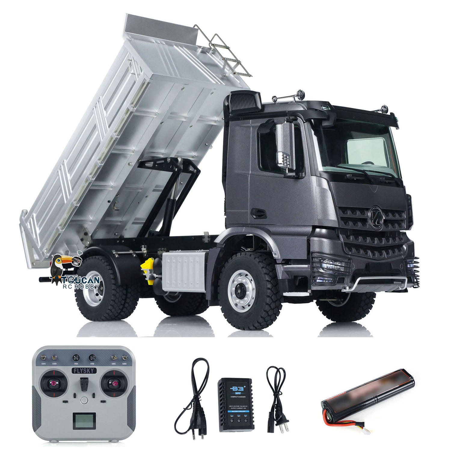 KABO 5701 Plastic Metal 1/14 Dump Truck 4x4 with Screw Drive Lifting Bed including 3-in-1 Mainboard with Lights Sound ESC and 2.4G Radio Battery Charger