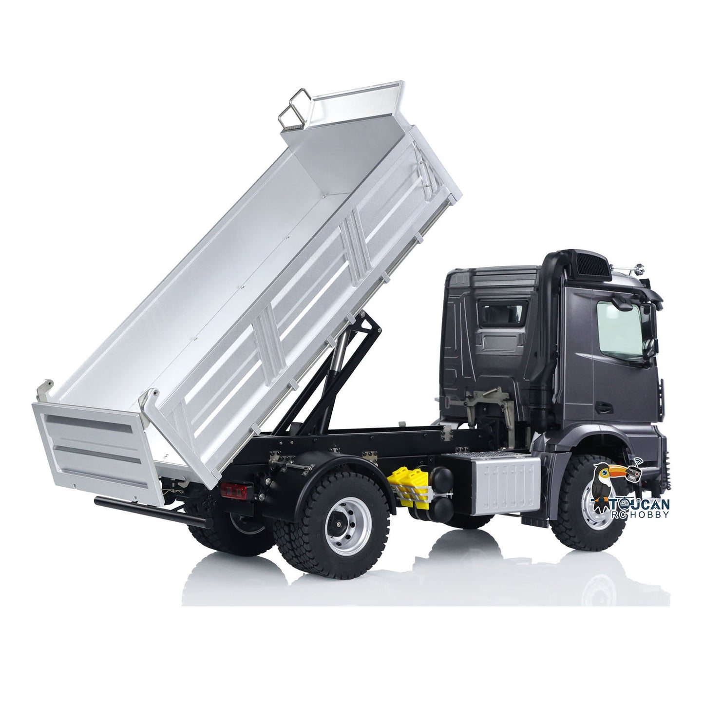 KABO 5701 Plastic Metal 1/14 Dump Truck with 4x4 Axle System and Lead Screw Dump Bed Lifting featuring Sound System Light Kit Battery and 2.4G Radio