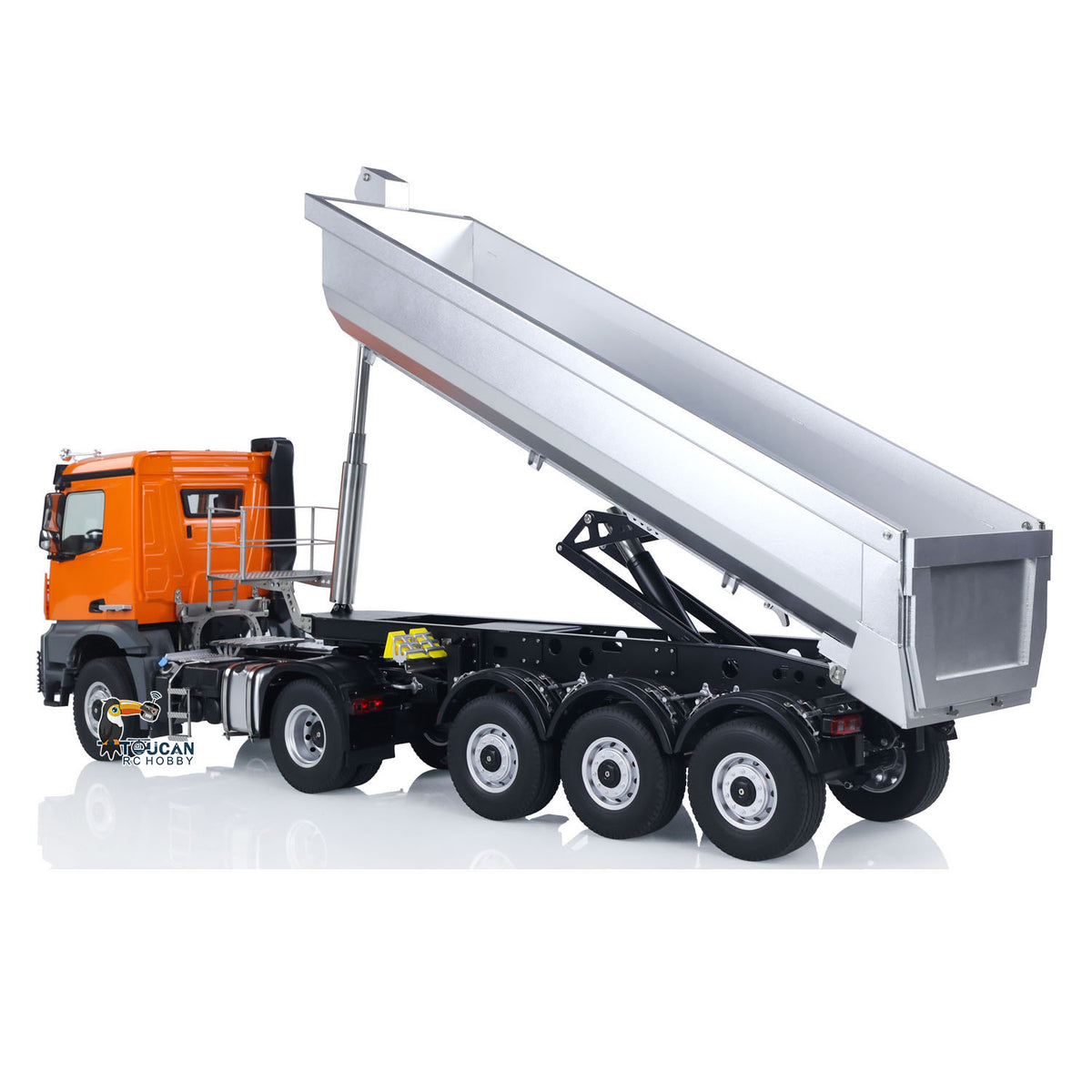 KABO 5801 Metal Plastic 1/14 Tractor Truck with 4x4 Axle System and 2-Speed Gearbox including 3-Axle Screw Lifting Trailer Battery Charger and Sound Module