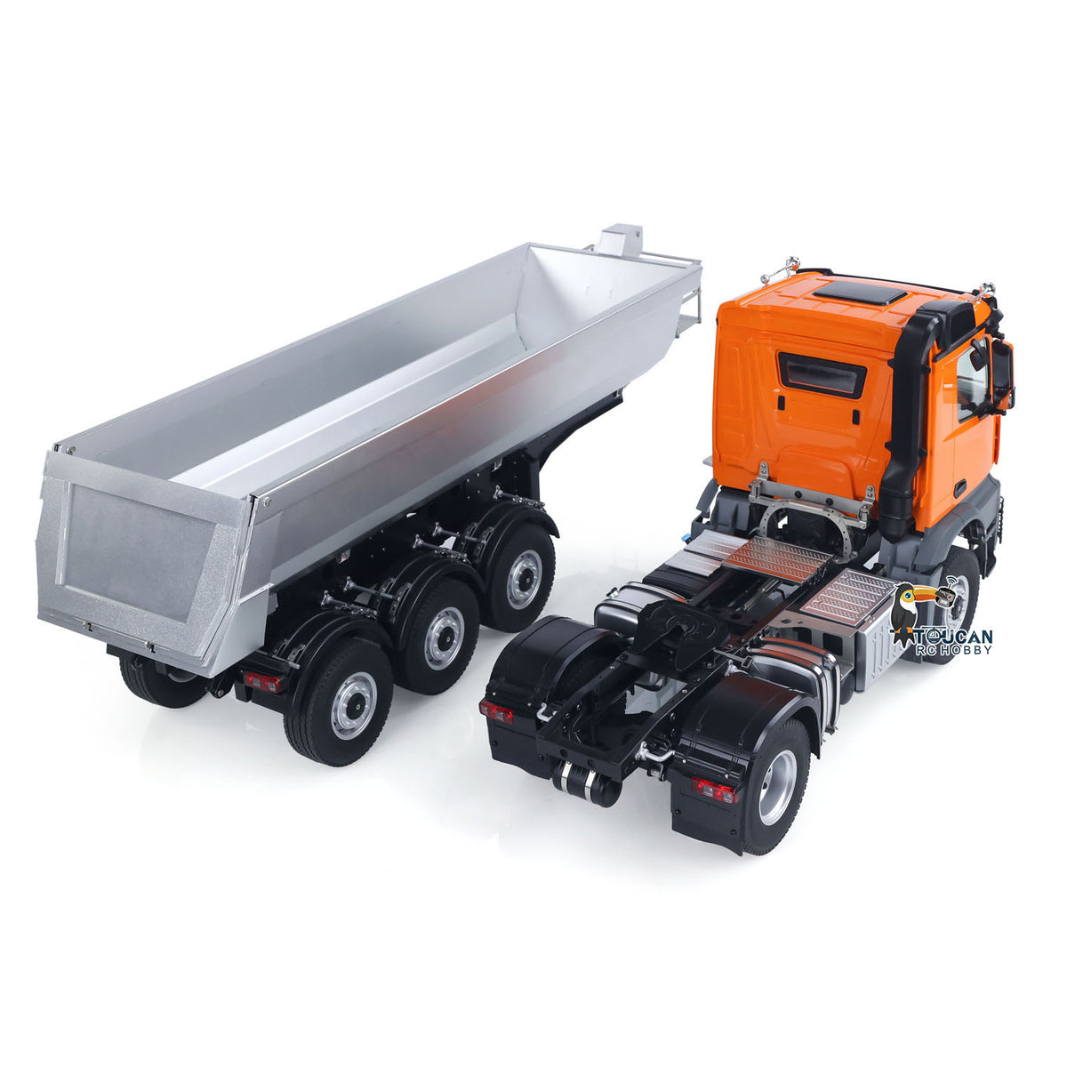 KABO 5801 Metal Plastic 1/14 Tractor Truck with 4x4 Axle System and 2-Speed Gearbox including 3-Axle Screw Lifting Trailer Battery Charger and Sound Module