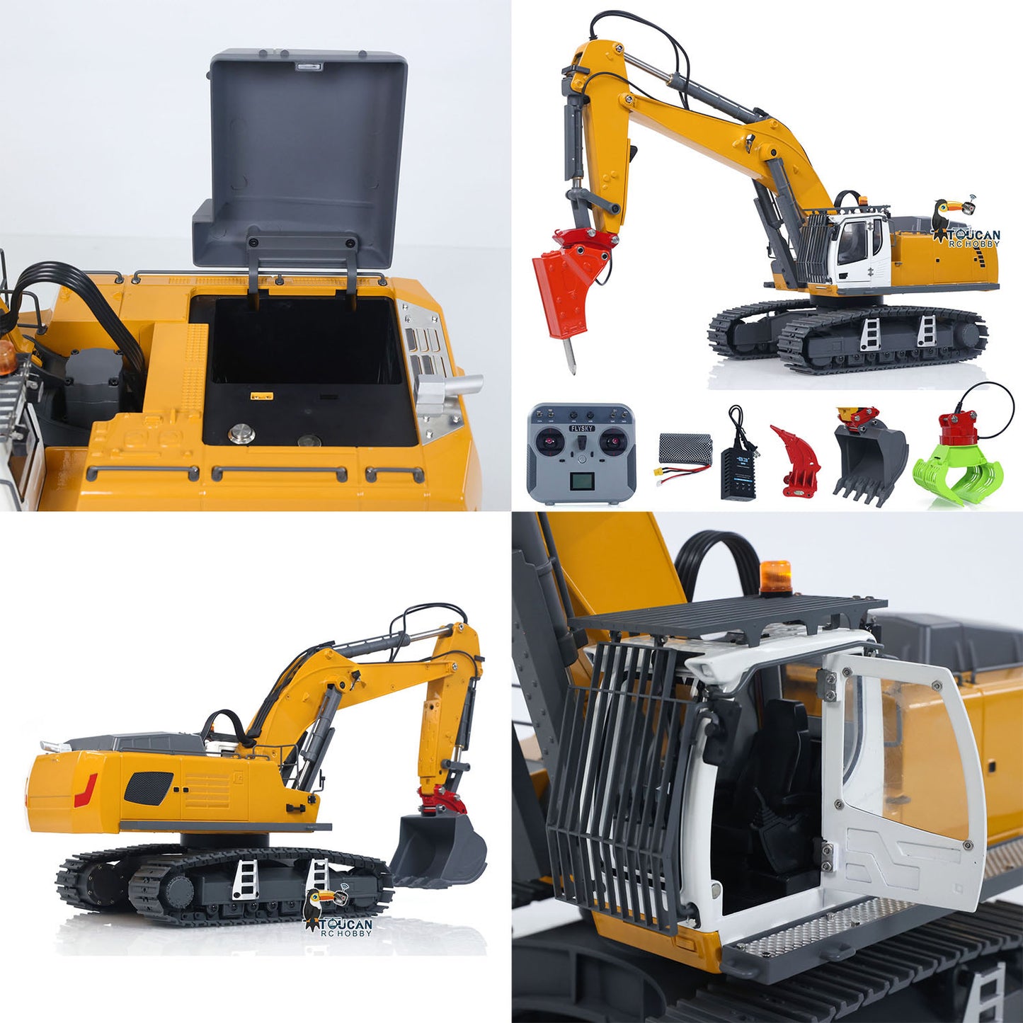 KABO 5901 Metal Plastic 1/18 Excavator Electronic Screw Lifting with Quick Coupler and Multi-Attachment Kit including Electric Hammer Ripper Grapple Battery and Charger