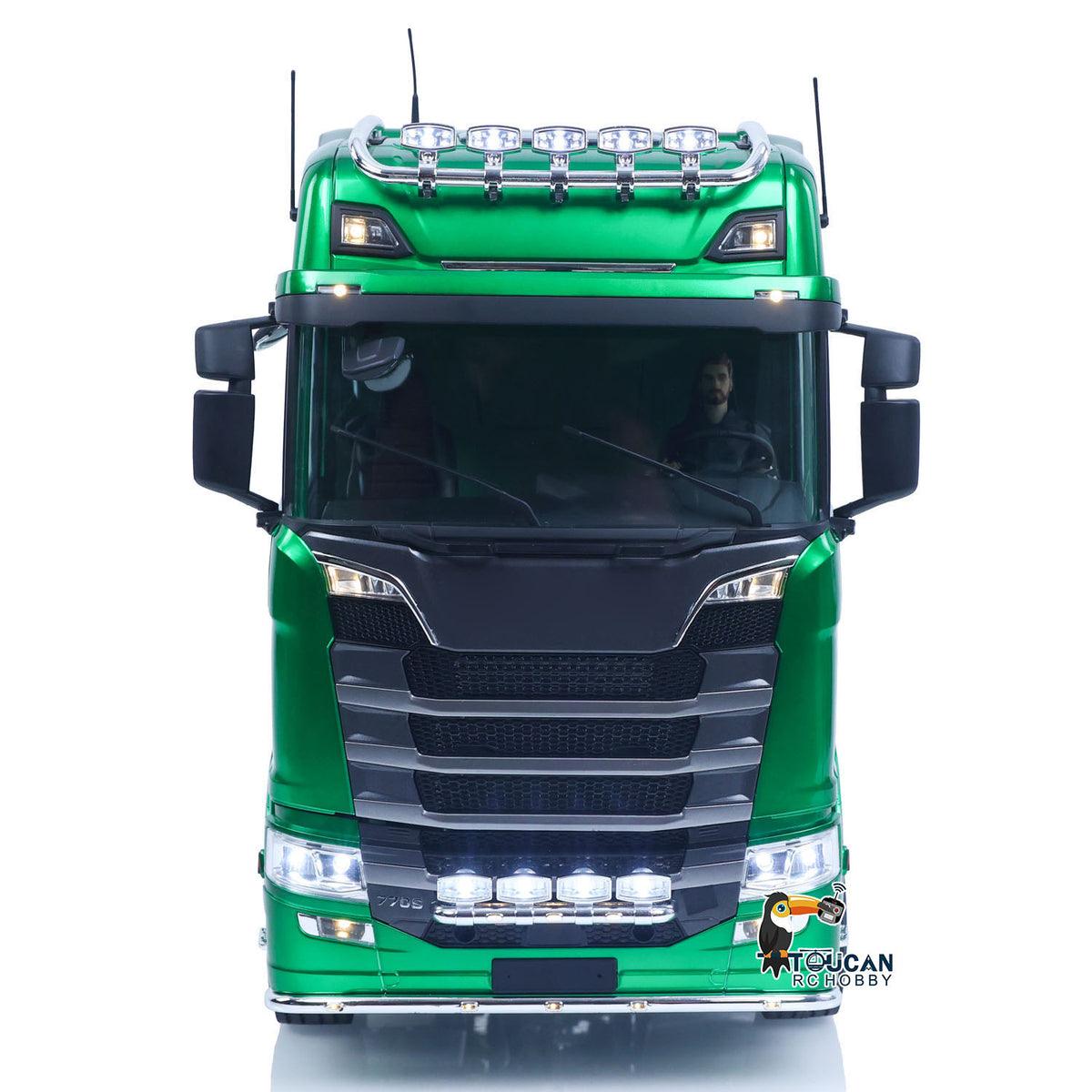 1/14 RC Tractor Truck Green 6x6 Front View with LED Light and Sound System