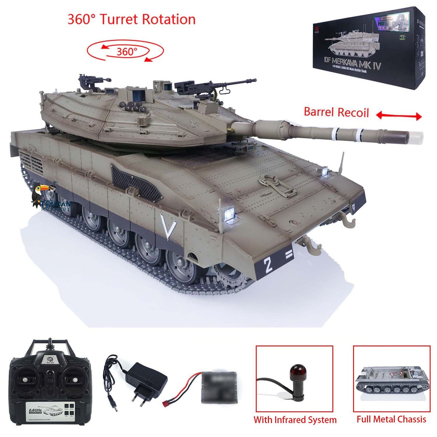 Henglong 1/16 TK7.1 IDF Merkava MK IV 3958 RTR RC Tank with 360 Degrees Turret IR Metal Chassis Tracks Sprockets Idlers road Wheels Steel Gearbox