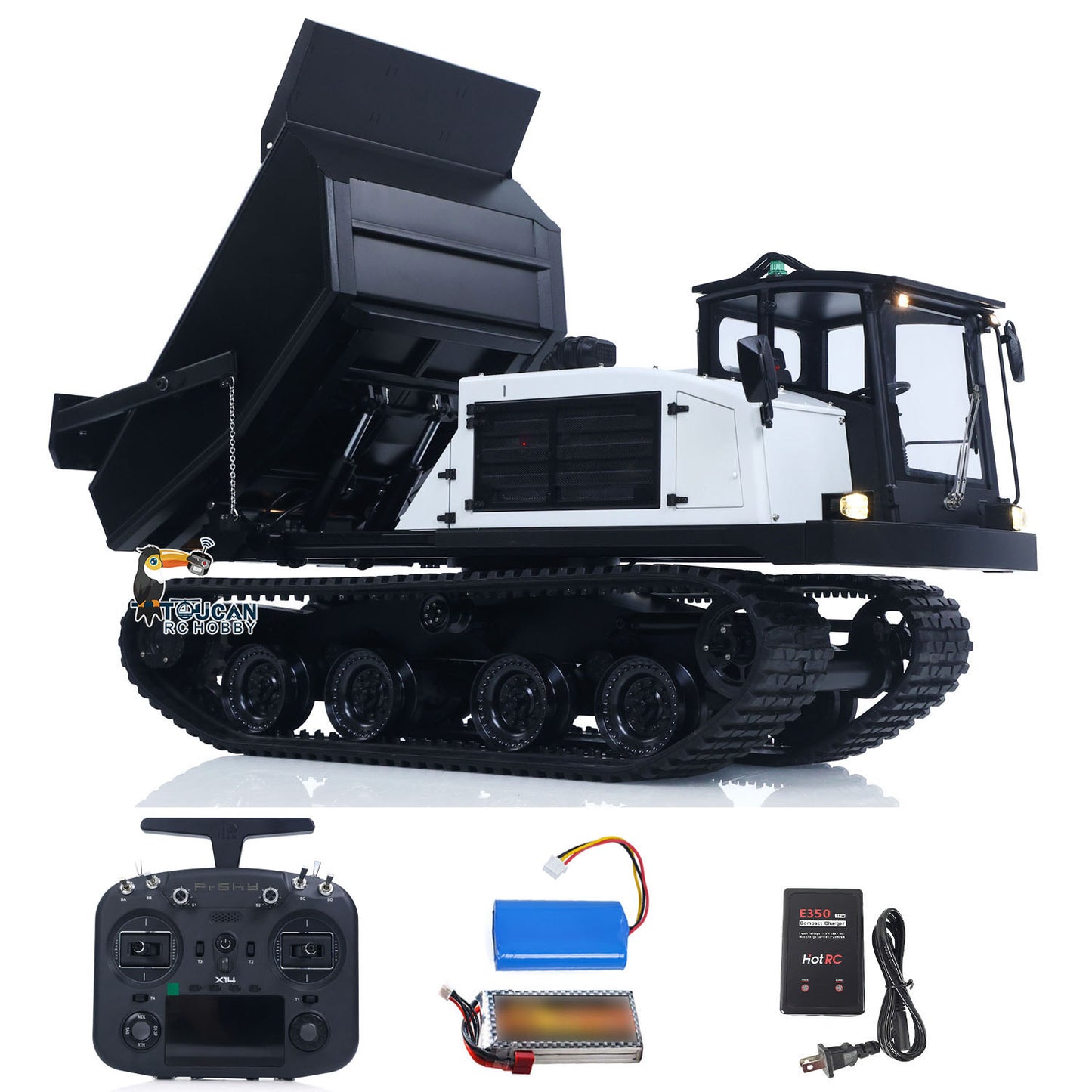 FROG T14R Metal 1/14 Dump Truck with 4MPa Dual Hydraulic Cylinders and 360-Degree Rotating Bucket featuring Sound Light System and Brushless Motors