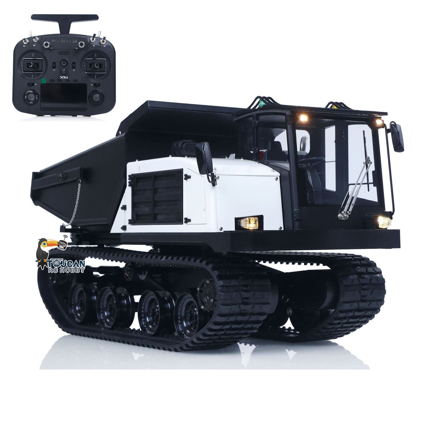 FROG T14R Metal 1/14 Dump Truck Crawler Hydraulic with One-Key Automatic Dump and 360-Degree Bucket Rotation featuring Frsky X14 Transmitter and Full Electronics