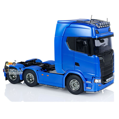 1/14 RC Tractor Truck Tamiya 770S 56368 Metal Blue Painted Front Quarter View LED Lights On