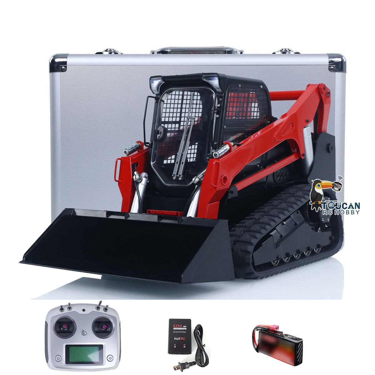 1/14 RC Hydraulic Skid-Steer Loader TH-X SM770 Red Black Painted Metal Construction Front View