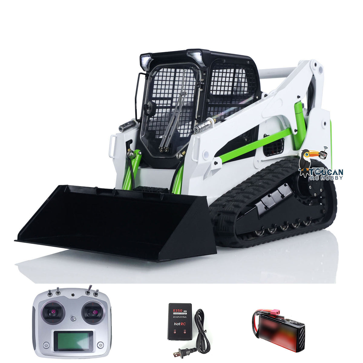 1/14 RC Hydraulic Skid-Steer Loader TH-X SM770 White Black Kawasaki Green Painted Metal Construction Front View