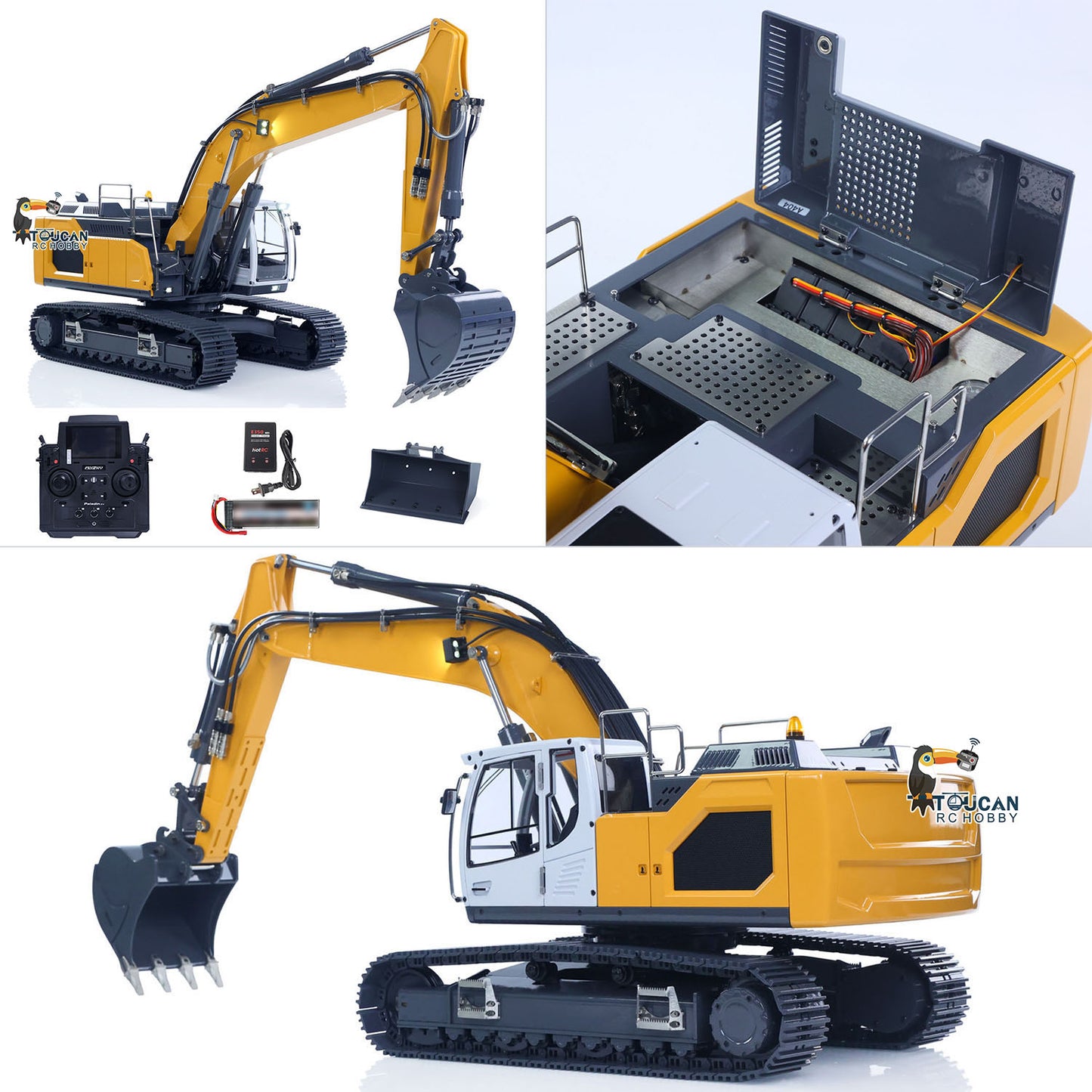 XDRC 945 Metal 1/14 Excavator Ready to Run Full Hydraulic with 5CH Reversing Valve, Sound Module, Quick Coupler, and Finished Yellow Paint 
