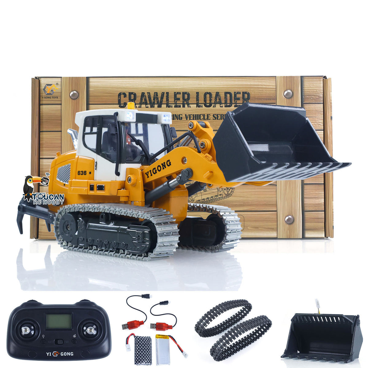  1/50 RC Tracked Loader YIGONG LR636 Metal Tracks Electric Lifting Arm Yellow Front View