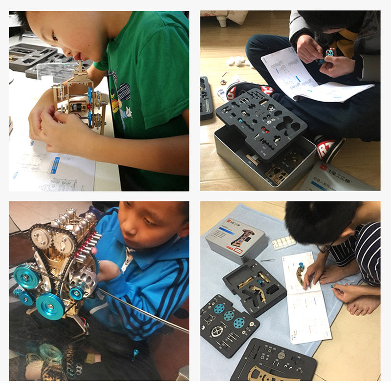Metallmotor-Modellbausatz TECHING Inline-4-Zylinder-Maschinenmontagespielzeug mit Batterie Mechanisches Kunstdekorationsteil