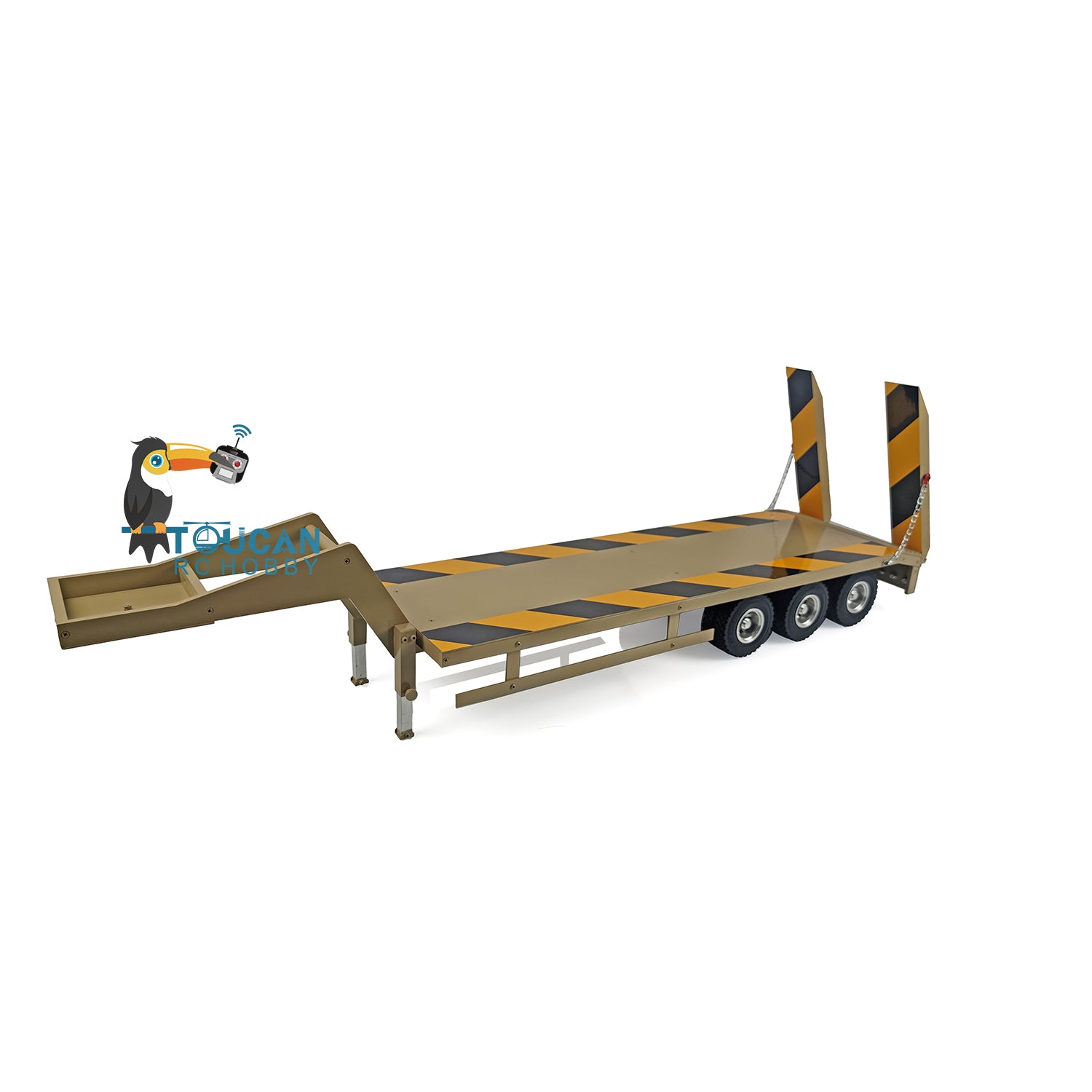 1/12 scale 3-axle aluminum flatbed trailer assembled yellow with manual support legs and LED tail lamp