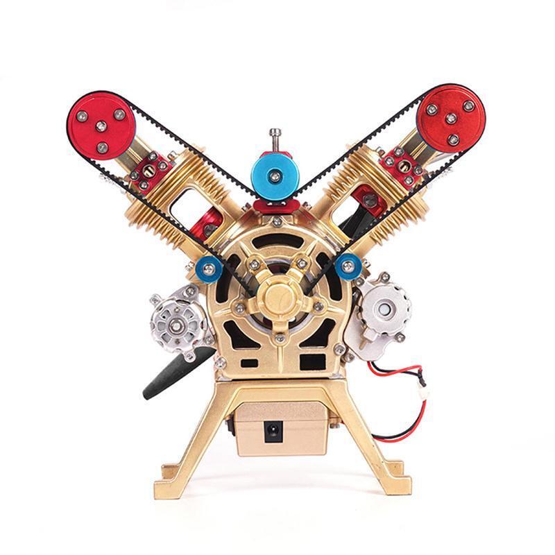 TECHING Metall V2 Doppelzylinder-Motormodell Mini-Modellbausätze mit manueller Montage Mechanisches Kunstdekorationsteil mit Batterieanzeige