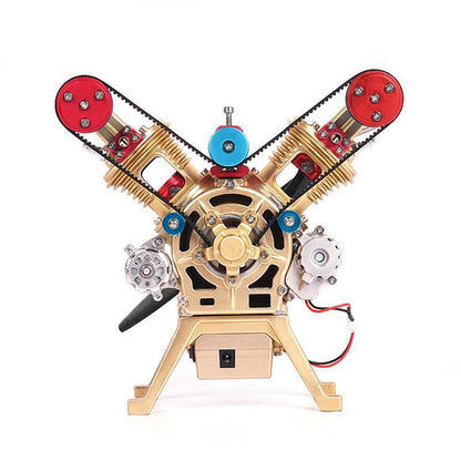 TECHING Metall V2 Doppelzylinder-Motormodell Mini-Modellbausätze mit manueller Montage Mechanisches Kunstdekorationsteil mit Batterieanzeige