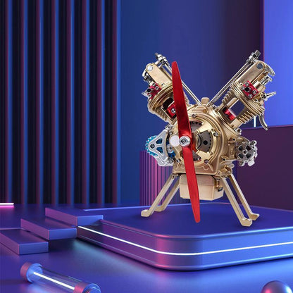 TECHING Metall V2 Doppelzylinder-Motormodell Mini-Modellbausätze mit manueller Montage Mechanisches Kunstdekorationsteil mit Batterieanzeige