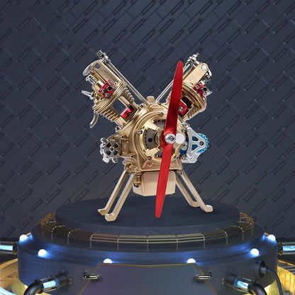 TECHING Metall V2 Doppelzylinder-Motormodell Mini-Modellbausätze mit manueller Montage Mechanisches Kunstdekorationsteil mit Batterieanzeige