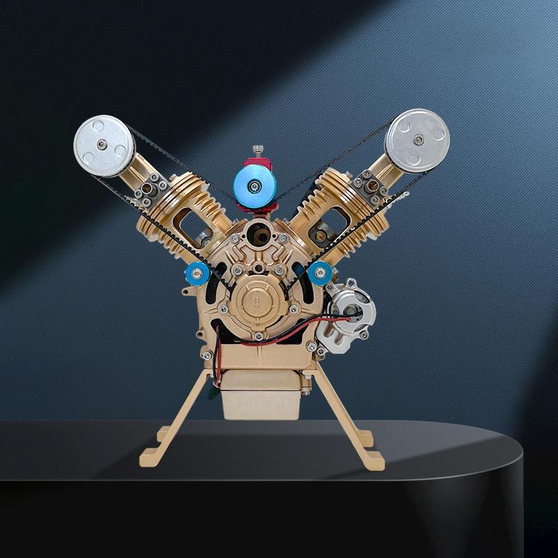 TECHING Metall V2 Doppelzylinder-Motormodell Mini-Modellbausätze mit manueller Montage Mechanisches Kunstdekorationsteil mit Batterieanzeige