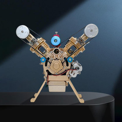 TECHING Metall V2 Doppelzylinder-Motormodell Mini-Modellbausätze mit manueller Montage Mechanisches Kunstdekorationsteil mit Batterieanzeige