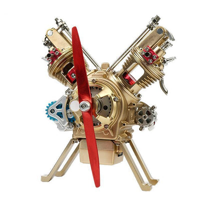 TECHING Metall V2 Doppelzylinder-Motormodell Mini-Modellbausätze mit manueller Montage Mechanisches Kunstdekorationsteil mit Batterieanzeige