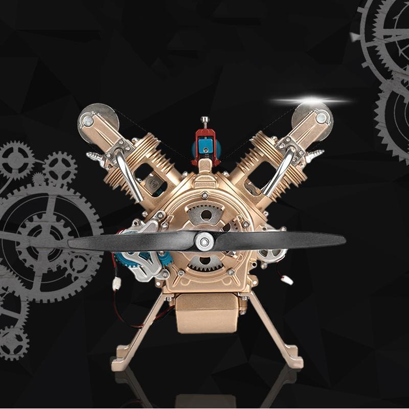 TECHING Metall V2 Doppelzylinder-Motormodell Mini-Modellbausätze mit manueller Montage Mechanisches Kunstdekorationsteil mit Batterieanzeige