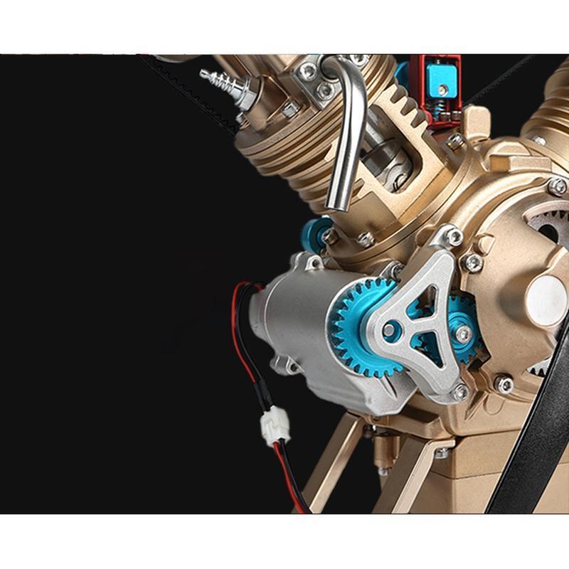 TECHING Metall V2 Doppelzylinder-Motormodell Mini-Modellbausätze mit manueller Montage Mechanisches Kunstdekorationsteil mit Batterieanzeige
